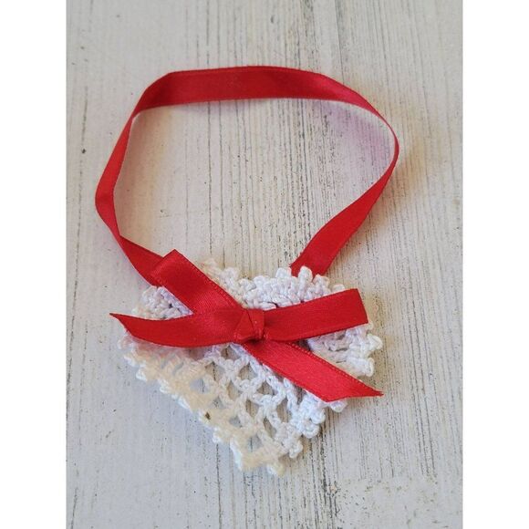 Handmade crochet heart red ribbon ornament Xmas decor - Picture 2 of 3